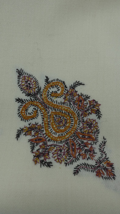 Cream wool shawl with orange, black and ochre corner motifs – view 4