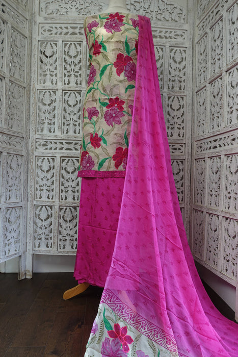 Pink Floral Cotton Silk Blend Unstitched Suit - New