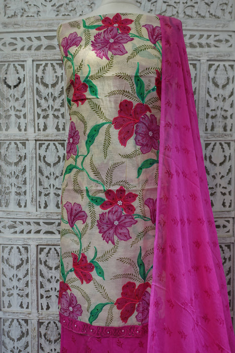 Pink Floral Cotton Silk Blend Unstitched Suit - New