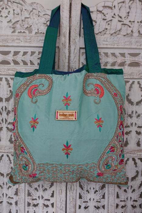Baby Blue Pure Silk Large Tote Bag With Zardosi Work