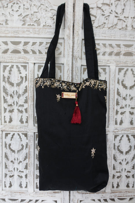Black Silk Beaded Embellished Tote  Bag