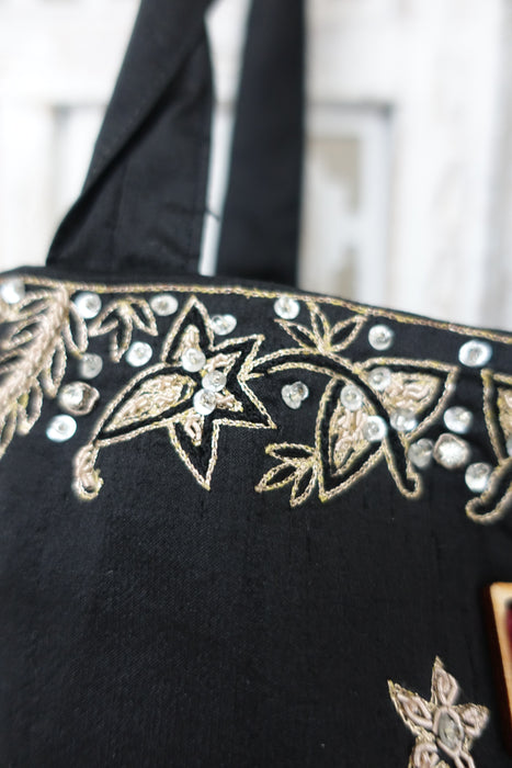 Black Silk Beaded Embellished Tote  Bag