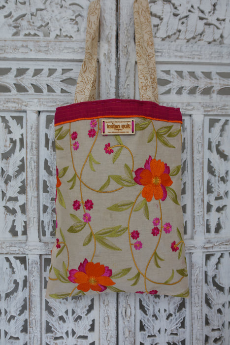 Cream Cotton Floral Embroidered Bag