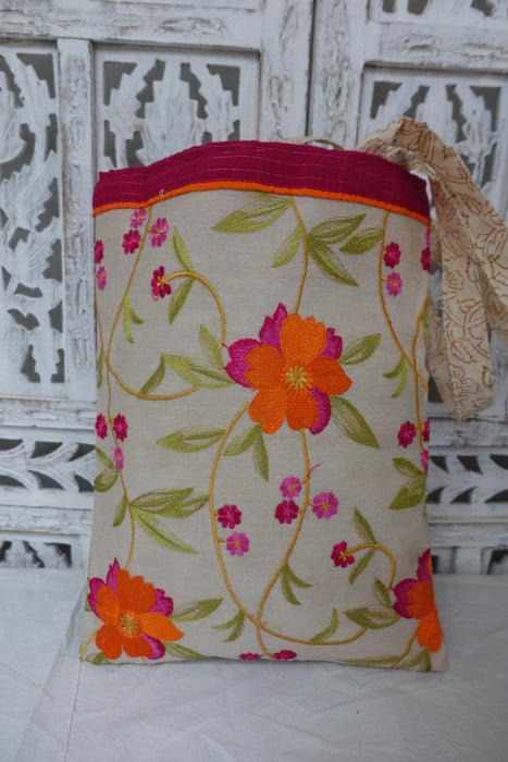 Cream Cotton Floral Embroidered Bag