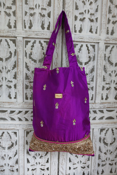 Purple Silk Embellished Tote Bag - New