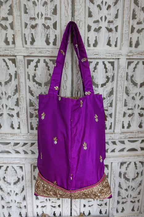 Purple Silk Embellished Tote Bag - New