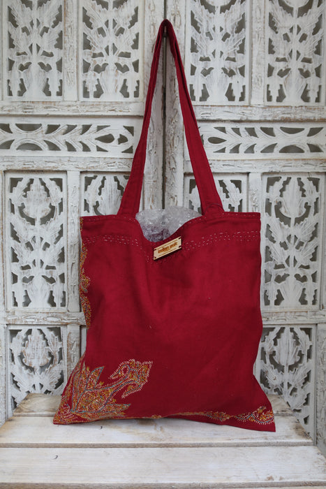 Maroon Wool Vintage Embroidered Tote Bag- New