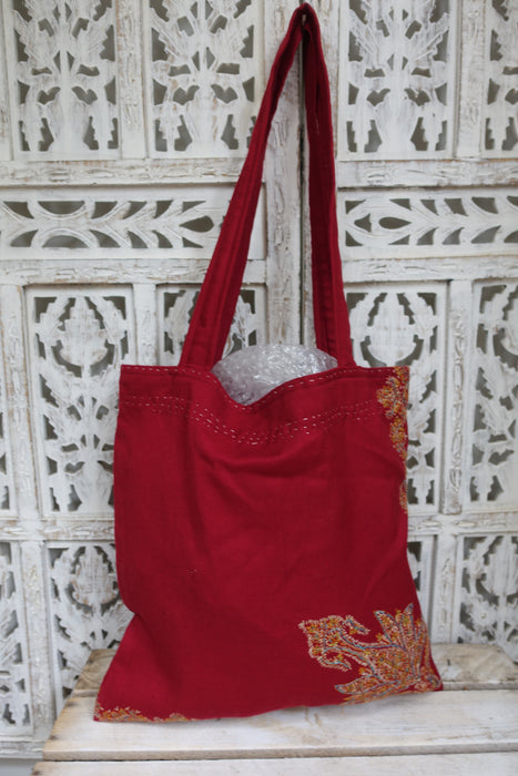 Maroon Wool Vintage Embroidered Tote Bag- New
