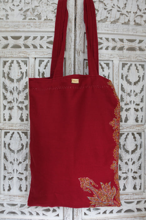 Maroon Wool Vintage Embroidered Tote Bag- New