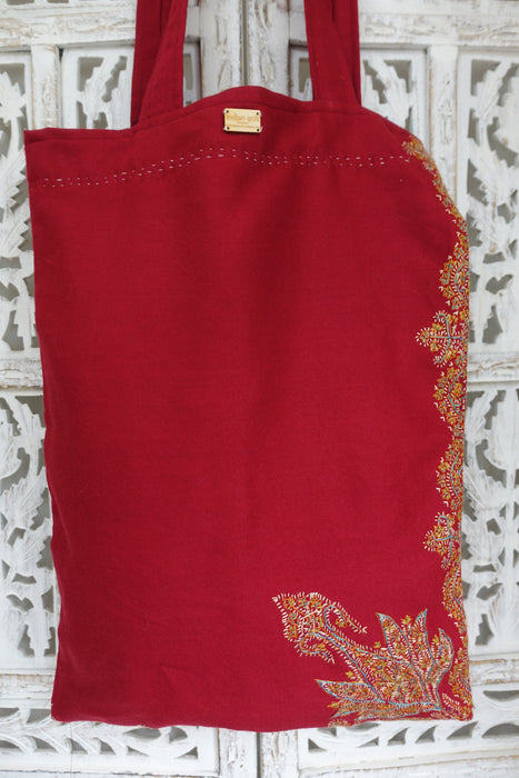 Maroon Wool Vintage Embroidered Tote Bag- New