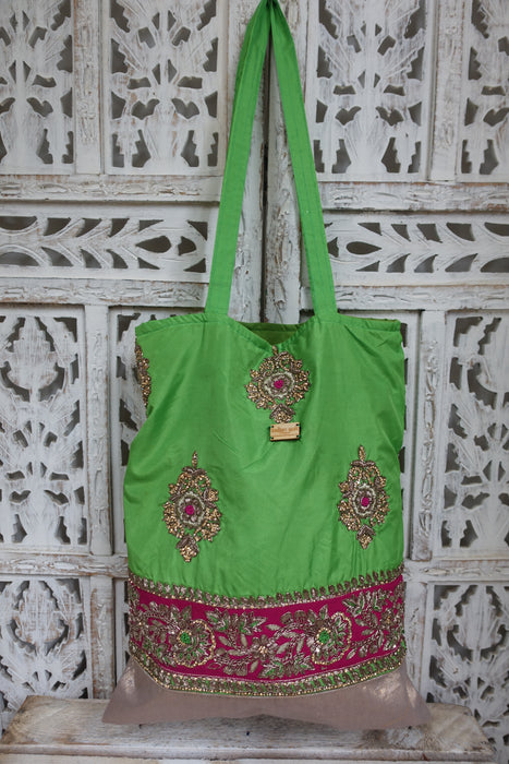Green Silk Blend Embellished Tote Bag - New