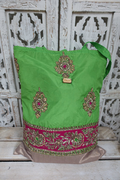 Green Silk Blend Embellished Tote Bag - New