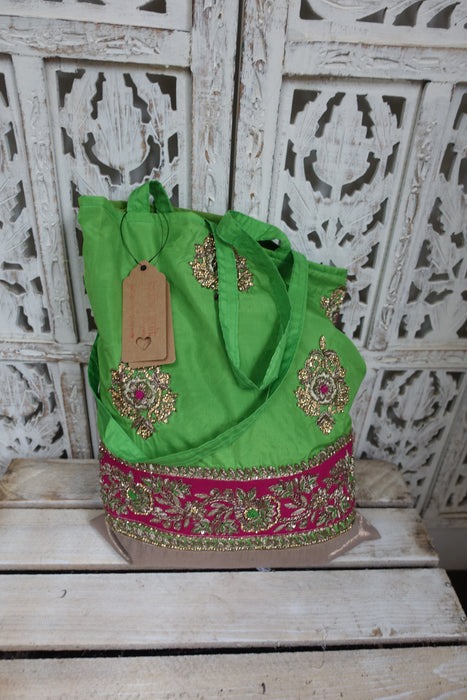 Green Silk Blend Embellished Tote Bag - New
