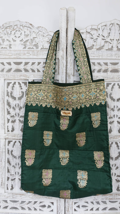 Green Vintage Pure Silk Handmade Quilted Bag