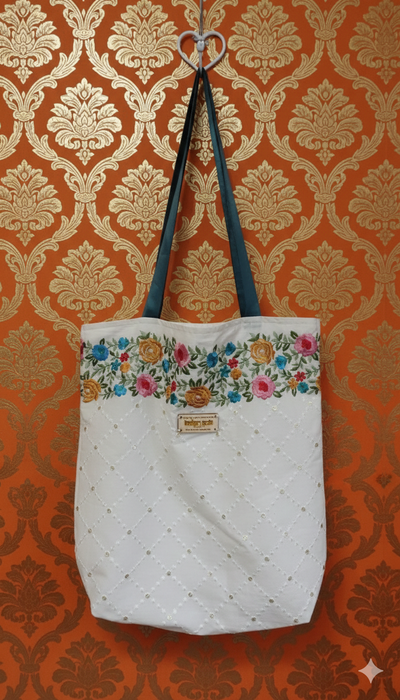 White Floral Embroidered Cotton Tote Bag With Teal Ribbon Handle