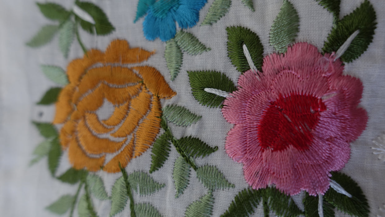 Off White Cotton Floral Embroidered Tote Bag With  Gold Ribbon Handle