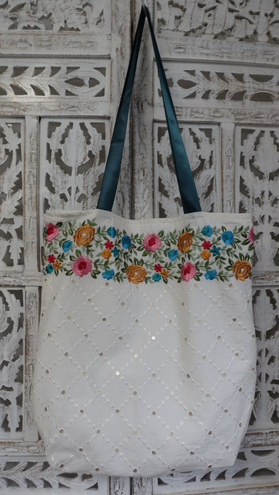 White Floral Embroidered Cotton Tote Bag With Teal Ribbon Handle