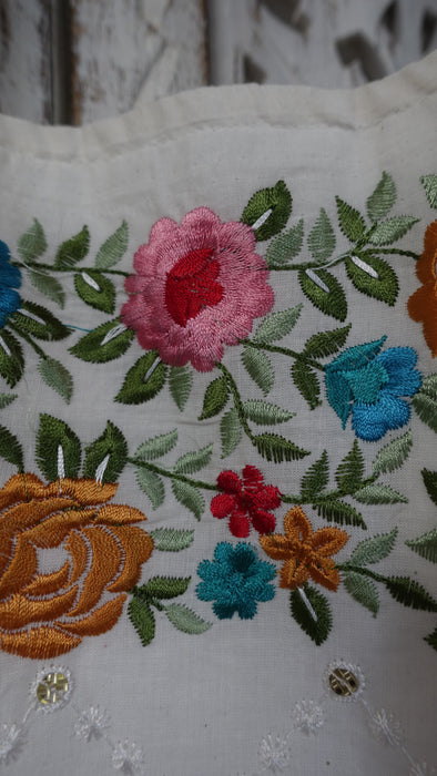 Off White Cotton Floral Embroidered Tote Bag With Pink Handle