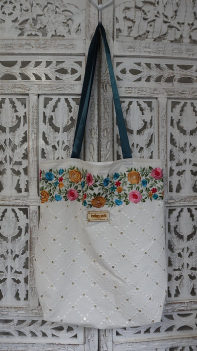 White Floral Embroidered Cotton Tote Bag With Teal Ribbon Handle