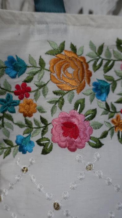 White Floral Embroidered Cotton Tote Bag With Teal Ribbon Handle