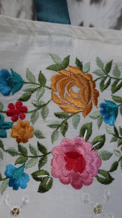 White Floral Embroidered Cotton Tote Bag With Teal Ribbon Handle