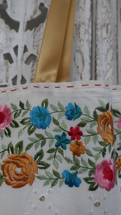 Off White Cotton Floral Embroidered Tote Bag With  Gold Ribbon Handle