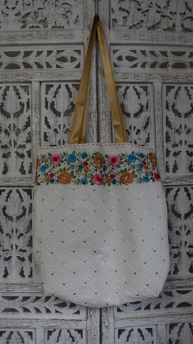 Off White Cotton Floral Embroidered Tote Bag With  Gold Ribbon Handle
