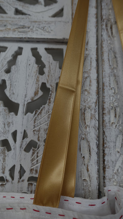 Off White Cotton Floral Embroidered Tote Bag With  Gold Ribbon Handle
