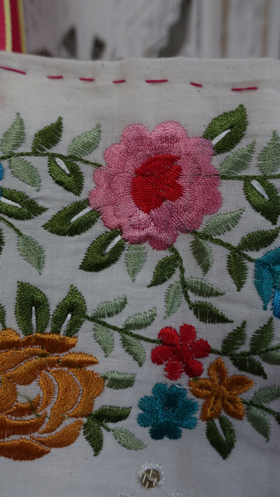 Off White Cotton Floral Embroidered Tote Bag With Pink Handle