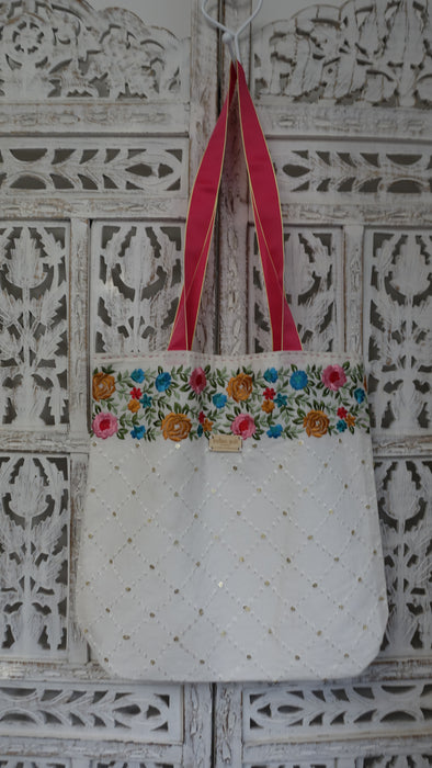 Off White Cotton Floral Embroidered Tote Bag With Pink Handle