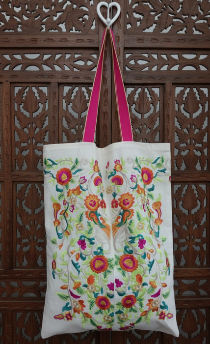 Cream Embroidered Extra Large Tote Bag
