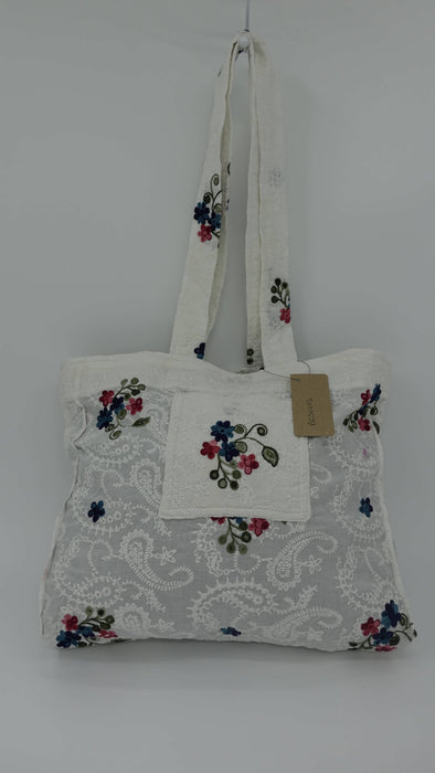 White Cotton Flower Embroidered Tote Bag