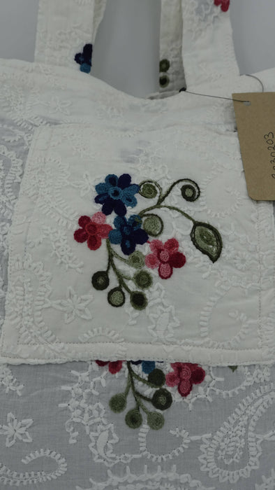White Cotton Flower Embroidered Tote Bag