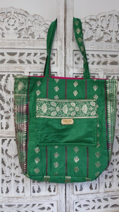 Green Banarsi Brocade Silk Tote Bag