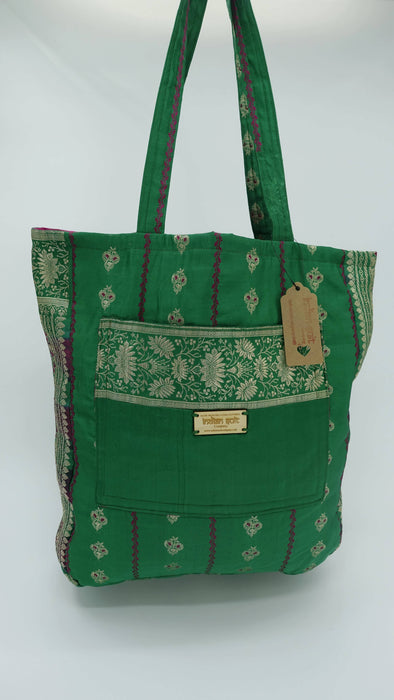 Green Banarsi Brocade Silk Tote Bag