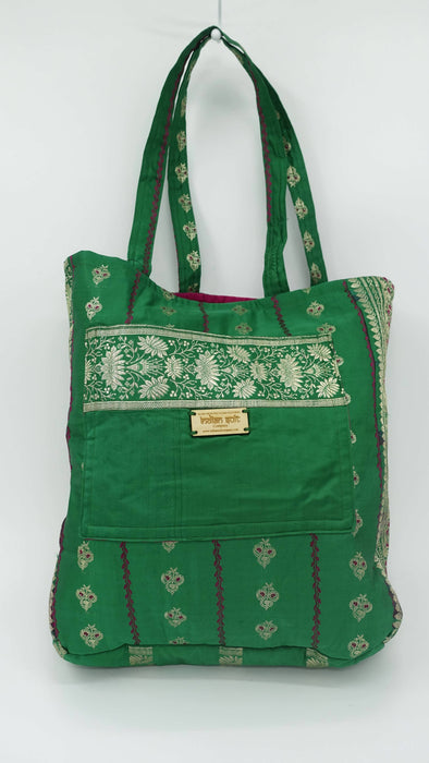 Green Banarsi Brocade Silk Tote Bag