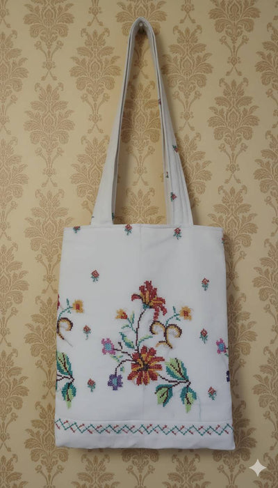 White Cotton Cross Stitched Small Tote Bag