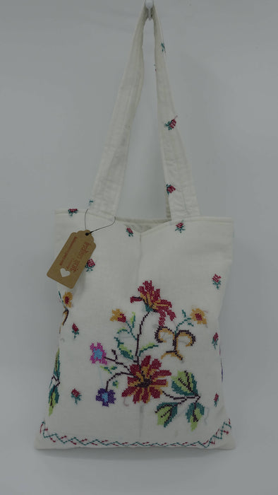 White Cotton Cross Stitched Small Tote Bag