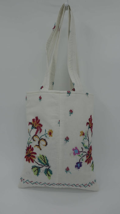 White Cotton Cross Stitched Small Tote Bag