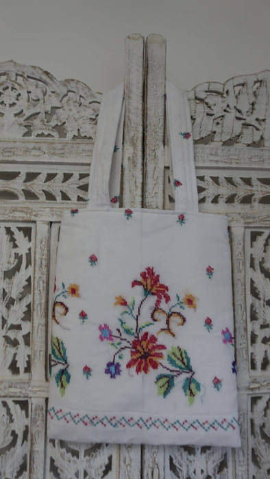 White Cotton Cross Stitched Small Tote Bag