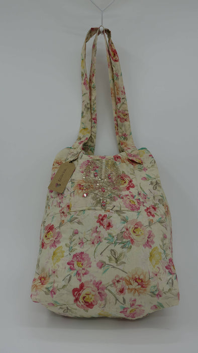Cream Floral Print Tote Bag With Jade Lining