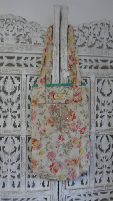 Cream Floral Print Tote Bag With Jade Lining