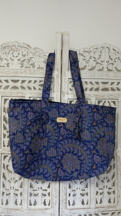 Blue Vintage Silk Quilted Tote Bag Add Text
