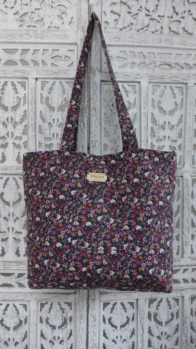Dark Blue Cotton Floral Large Tote Bag