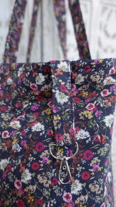 Dark Blue Cotton Floral Large Tote Bag