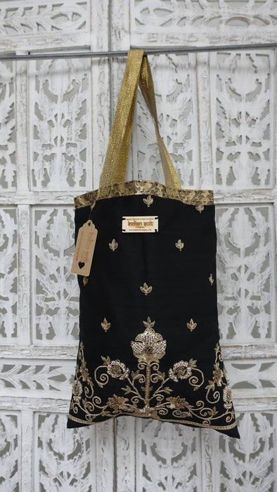 Black Raw Silk Tote Bag With Gold Handles Add Measurements
