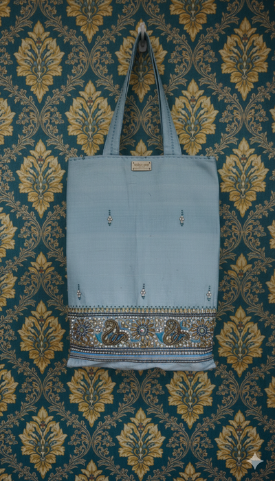 Pale Blue Raw Silk Heavy Embellished Bag