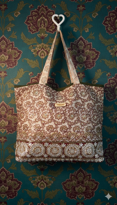 Cream Brocade Silk With Diamante Stonework Tote Bag Add Description