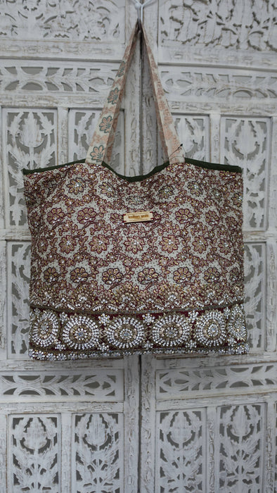 Cream Brocade Silk With Diamante Stonework Tote Bag Add Description