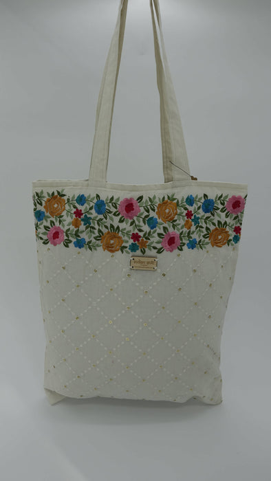 Cream Floral Embroidered Cotton Tote Bag